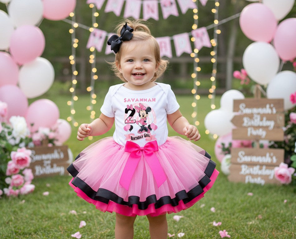 Minnie Mouse Tutu Set Girls Personalized Custom Pink Black Hot Pink Ribbon Trim Tutu Outfit Dress Theme Cake Smash Birthday Party