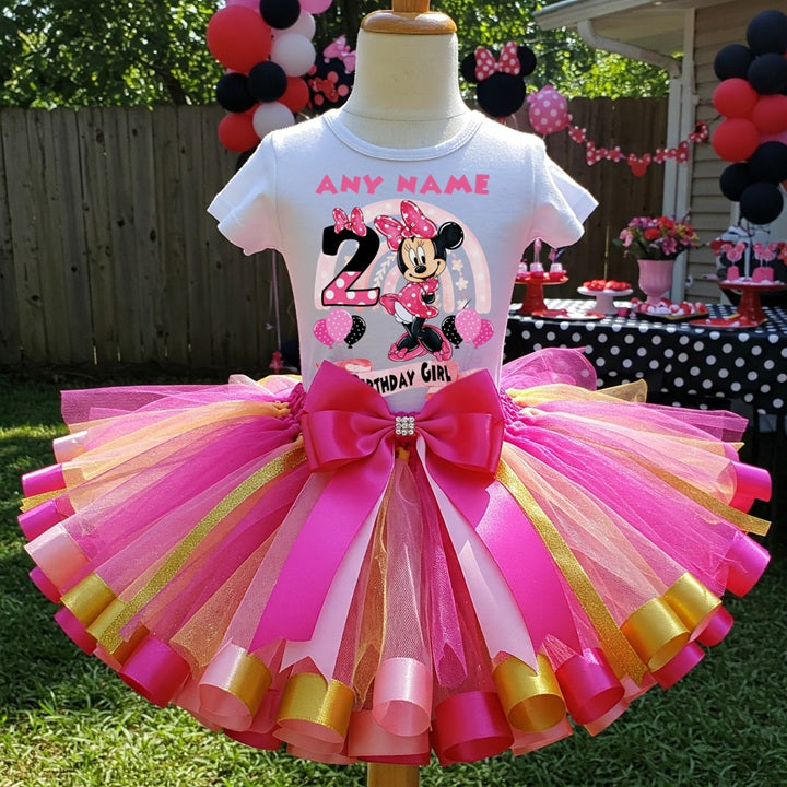 Minnie Mouse Tutu Set Girls Personalized Custom Pink Gold Hot Pink Ribbon Sewn Trim Tutu Outfit Dress Theme Cake Smash Birthday Party