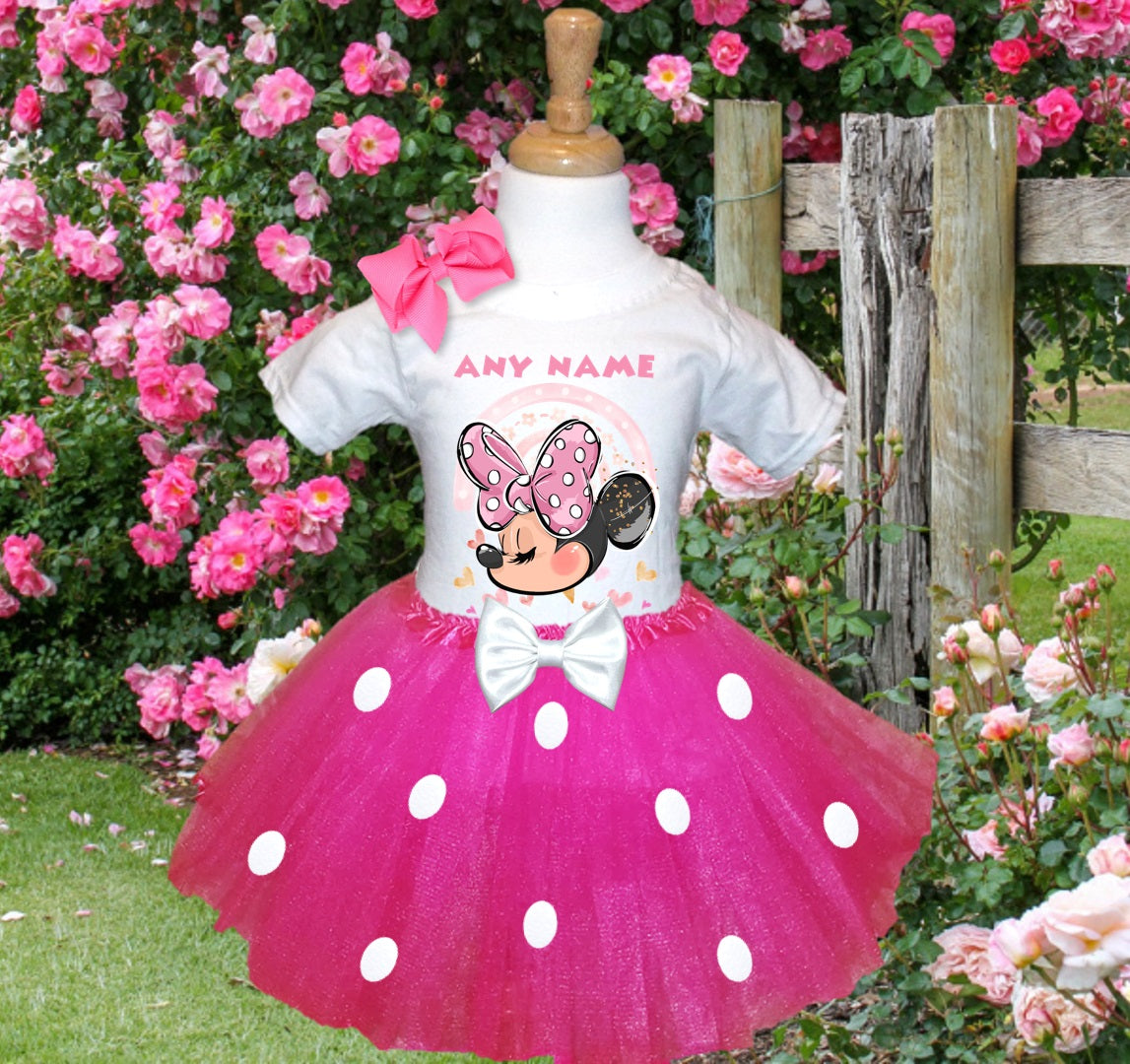 Minnie Mouse Tutu Set Girls Personalized Custom Hot Pink White Polka Dots Tutu Outfit Dress Theme Cake Smash Party