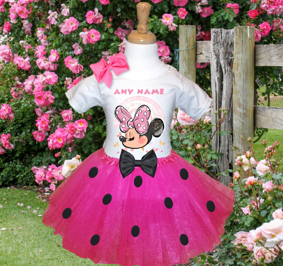 Minnie Mouse Tutu Set Girls Personalized Custom Hot Pink Black Polka Dots Tutu Outfit Dress Theme Cake Smash Party