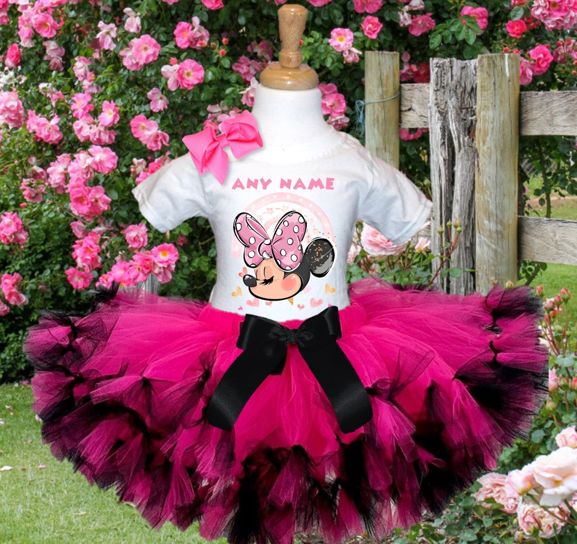 Minnie Mouse Tutu Set Girls Personalized Custom Hot Pink Black Knots Tutu Outfit Dress Theme Cake Smash Party