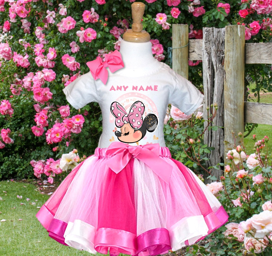 Minnie Mouse Tutu Set Girls Personalized Custom Hot Pink White Pink Ribbon Tutu Outfit Dress Theme Cake Smash Party