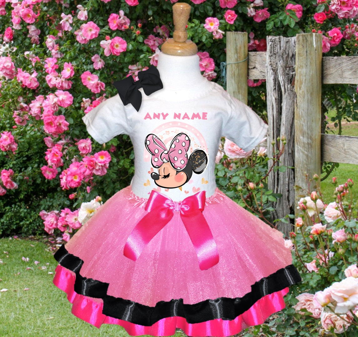Minnie Mouse Tutu Set Girls Personalized Custom Pink Black Hot Pink Ribbon Trim Tutu Outfit Dress Theme Cake Smash Party