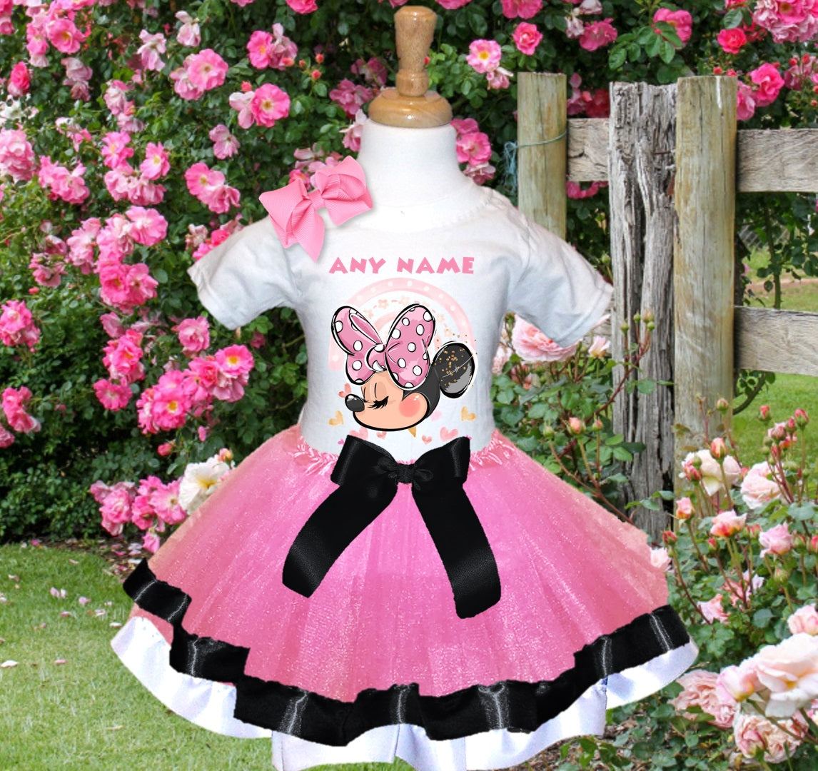 Minnie Mouse Tutu Set Girls Personalized Custom Pink Black White Ribbon Trim Tutu Outfit Dress Theme Cake Smash Party