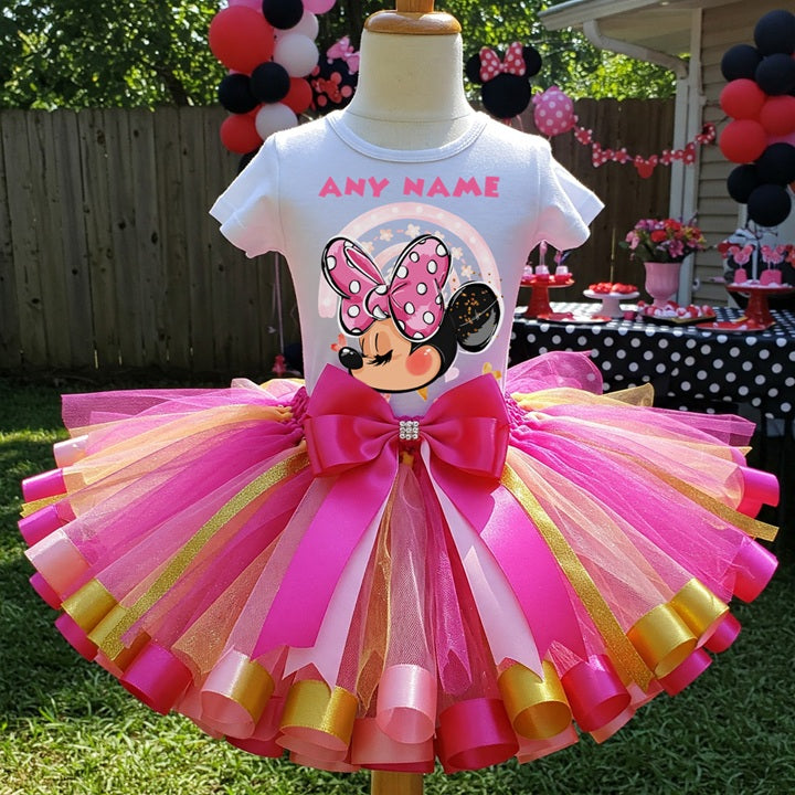 Minnie Mouse Face Tutu Set Girls Personalized Custom Pink Gold Hot Pink Ribbon Sewn Trim Tutu Outfit Dress Theme Cake Smash Party