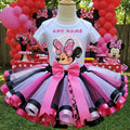 Minnie Mouse Tutu Set Girls Personalized Custom Black White Hot Pink Ribbon Sewn Trim Tutu Outfit Dress Theme Cake Smash Party