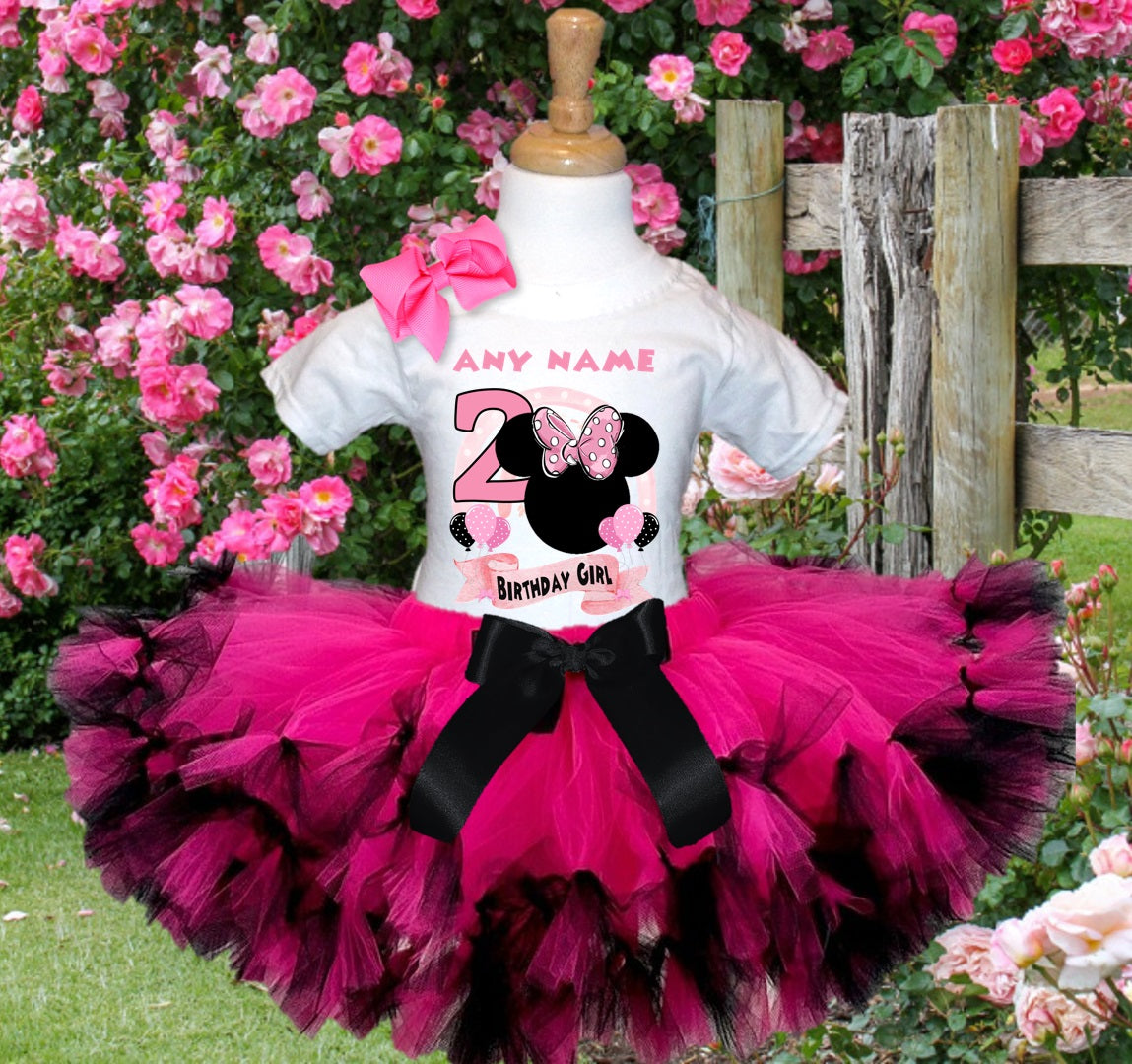 Minnie Mouse Ears Pink Bow Tutu Set Girls Personalized Custom Hot Pink Black Knots Tutu Outfit Dress Theme Cake Smash Birthday Party