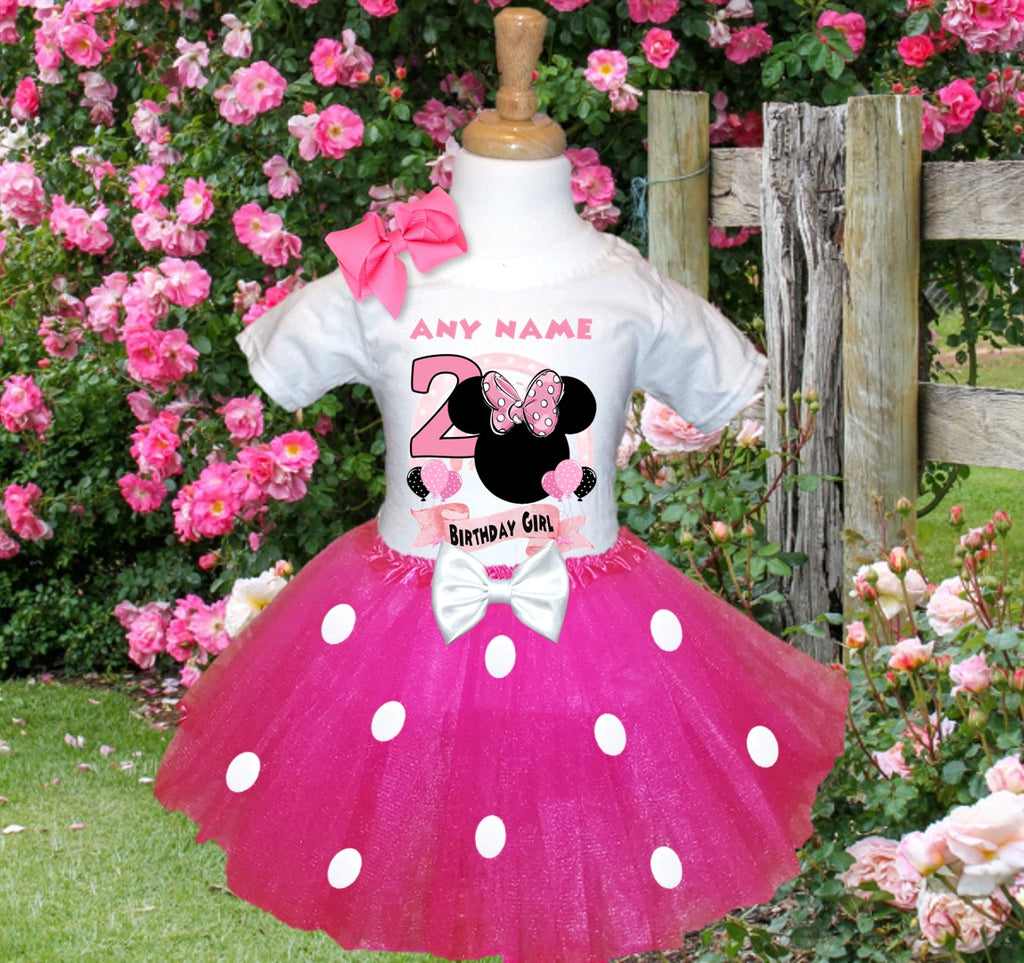 Minnie Mouse Ears Pink Bow Tutu Set Girls Personalized Custom Hot Pink White Polka Dots Tutu Outfit Dress Theme Cake Smash Birthday Party