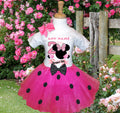 Minnie Mouse Ears Pink Bow Tutu Set Girls Personalized Custom Hot Pink Black Polka Dots Tutu Outfit Dress Theme Cake Smash Birthday Party