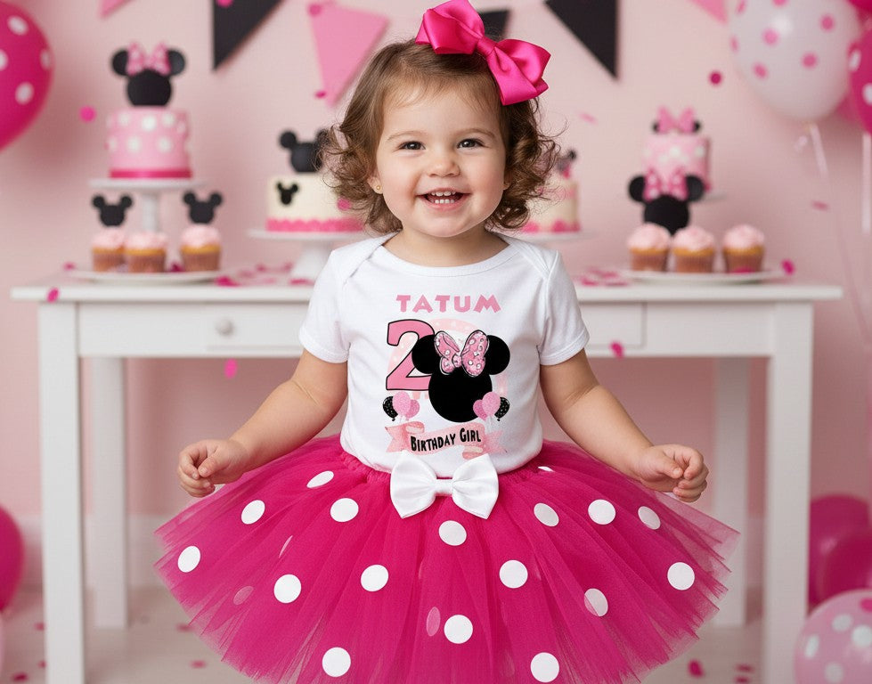 Minnie Mouse Ears Pink Bow Tutu Set Girls Personalized Custom Hot Pink White Polka Dots Tutu Outfit Dress Theme Cake Smash Birthday Party