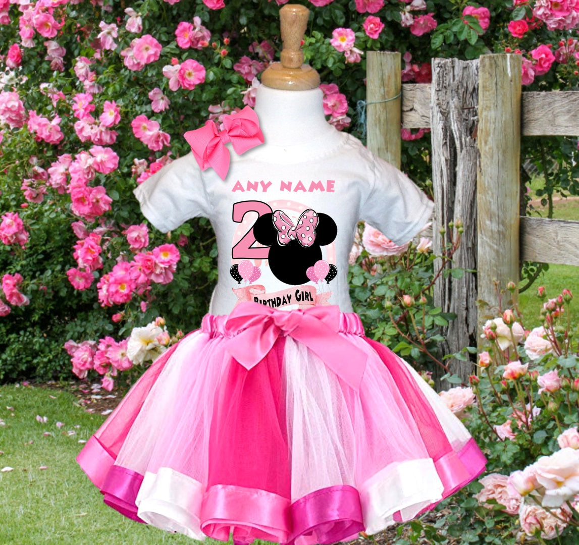 Minnie Mouse Ears Pink Bow Tutu Set Girls Personalized Custom Hot Pink White Pink Ribbon Tutu Outfit Dress Theme Cake Smash Birthday Party