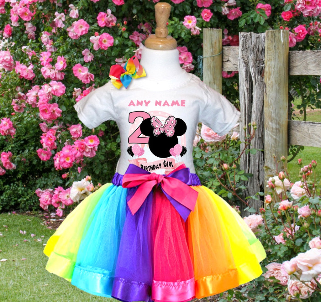 Minnie Mouse Ears Pink Bow Tutu Set Girls Personalized Custom Rainbow Ribbon Tutu Outfit Dress Theme Cake Smash Birthday Party
