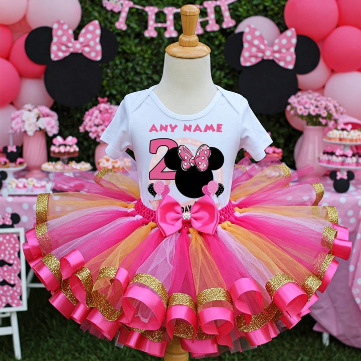 Minnie Mouse Ears Pink Bow Tutu Set Girls Personalized Custom Pink Gold Hot Pink Ribbon Sewn Trim Tutu Outfit Dress Theme Cake Smash Birthday Party