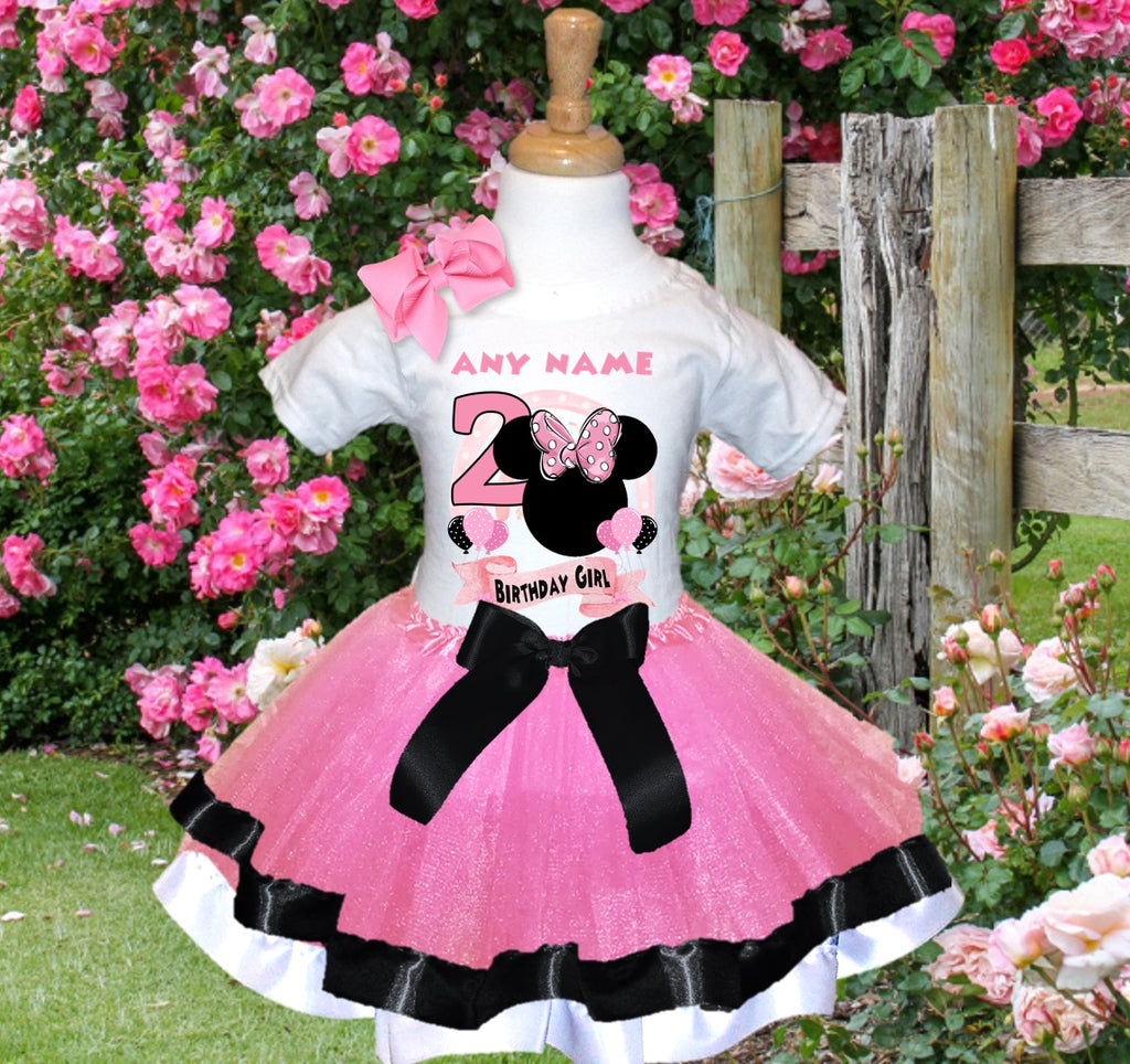 Minnie Mouse Ears Pink Bow Tutu Set Girls Personalized Custom Pink Black White Ribbon Trim Tutu Outfit Dress Theme Cake Smash Birthday Party