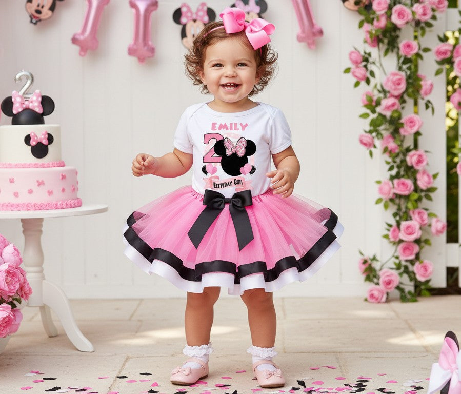 Minnie Mouse Ears Pink Bow Tutu Set Girls Personalized Custom Pink Black White Ribbon Trim Tutu Outfit Dress Theme Cake Smash Birthday Party