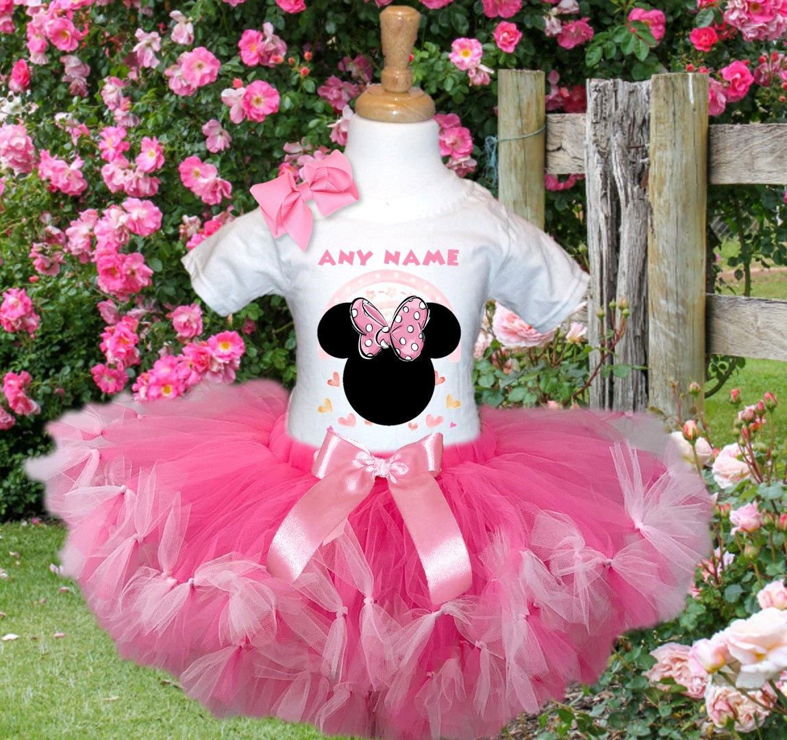 Minnie Mouse Ears Pink Bow Tutu Set Girls Personalized Custom Hot Pink Soft Pink Knots Tutu Outfit Dress Theme Cake Smash Party