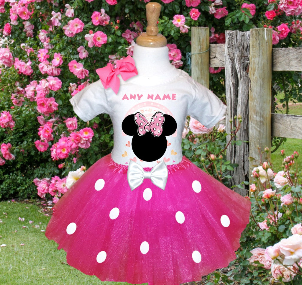 Minnie Mouse Ears Pink Bow Tutu Set Girls Personalized Custom Hot Pink White Polka Dots Tutu Outfit Dress Theme Cake Smash Party