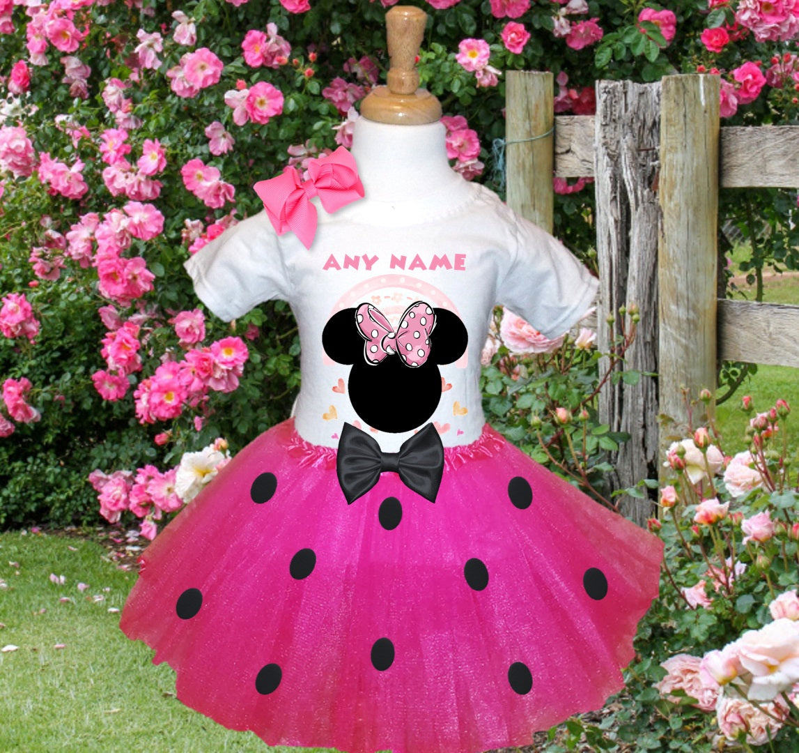 Minnie Mouse Ears Pink Bow Tutu Set Girls Personalized Custom Hot Pink Black Polka Dots Tutu Outfit Dress Theme Cake Smash Party