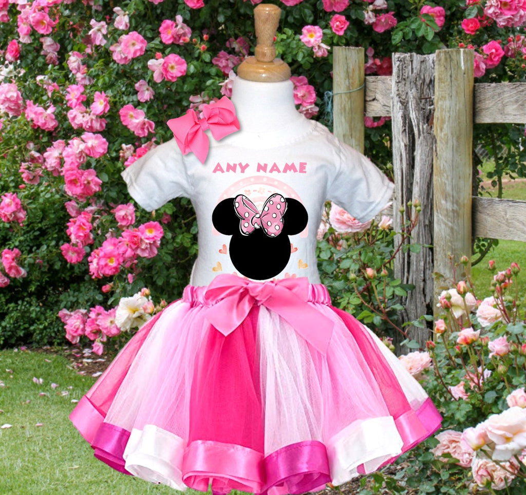 Minnie Mouse Ears Pink Bow Tutu Set Girls Personalized Custom Hot Pink White Pink Ribbon Tutu Outfit Dress Theme Cake Smash Party
