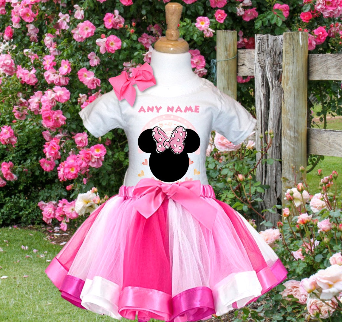 Minnie Mouse Ears Pink Bow Tutu Set Girls Personalized Custom Hot Pink White Pink Ribbon Tutu Outfit Dress Theme Cake Smash Party