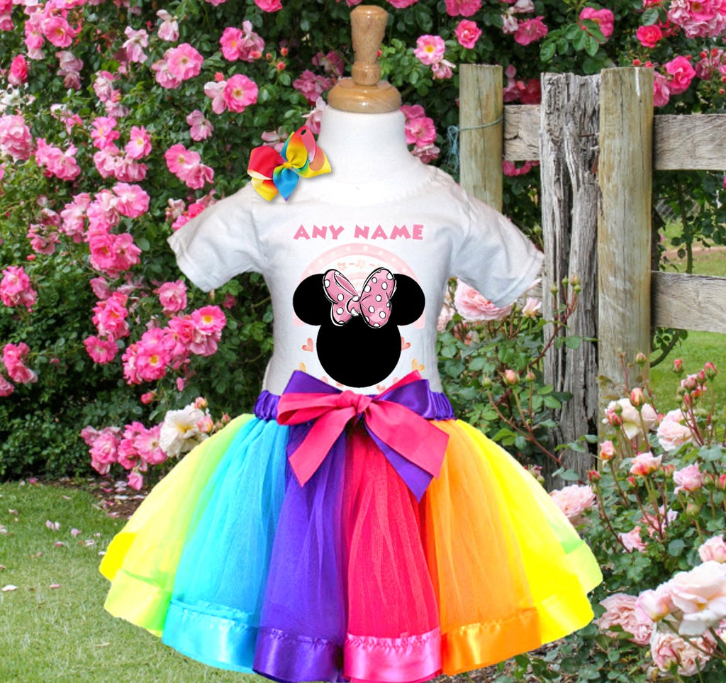 Minnie Mouse Ears Pink Bow Tutu Set Girls Personalized Custom Rainbow Ribbon Tutu Outfit Dress Theme Cake Smash Party