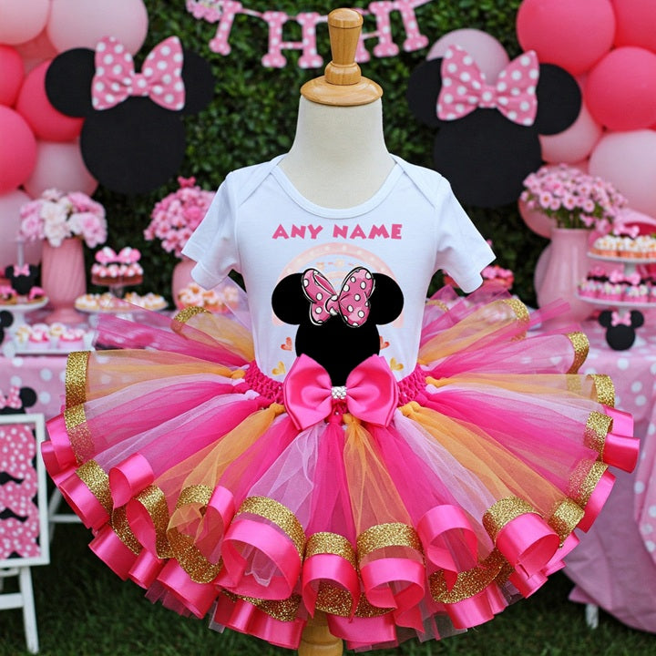Minnie Mouse Ears Pink Bow Tutu Set Girls Personalized Custom Pink Gold Hot Pink Ribbon Sewn Trim Tutu Outfit Dress Theme Cake Smash Party