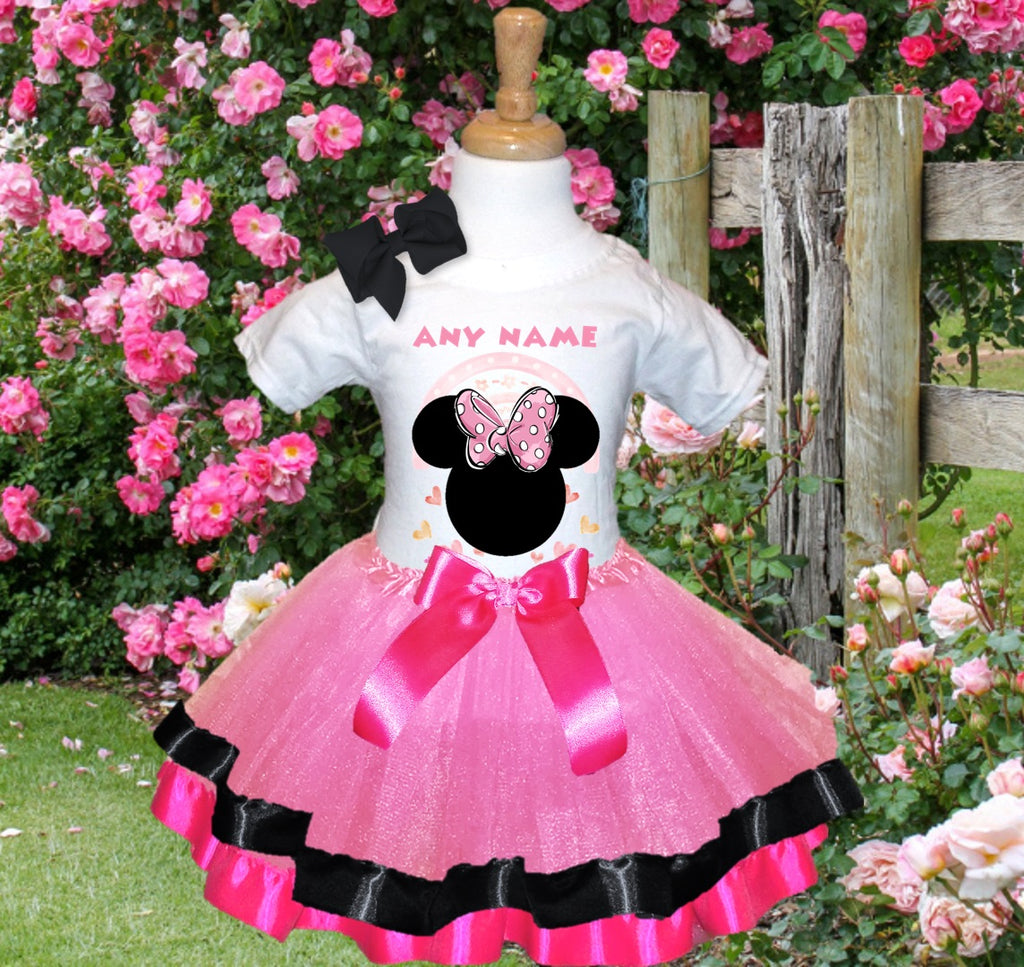 Minnie Mouse Ears Pink Bow Tutu Set Girls Personalized Custom Pink Black Hot Pink Ribbon Trim Tutu Outfit Dress Theme Cake Smash Party