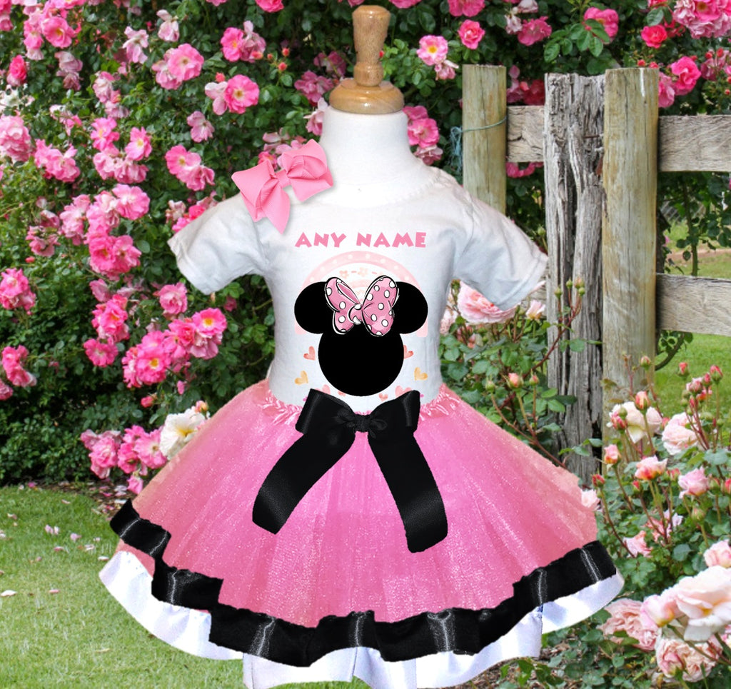 Minnie Mouse Ears Pink Bow Tutu Set Girls Personalized Custom Pink Black White Ribbon Trim Tutu Outfit Dress Theme Cake Smash Party