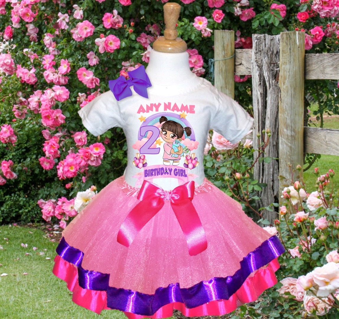 Monsters Inc Boo Tutu Set Girls Personalized Custom Pink Purple Hot Pink Ribbon Trim Tutu Outfit Dress Theme Cake Smash Birthday Party
