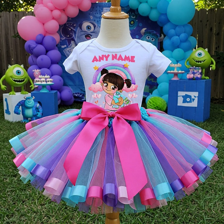 Monsters Inc Girl Boo Tutu Set Girls Personalized Custom Pink Blue Purple Ribbon Sewn Trim Tutu Outfit Dress Theme Cake Smash Party