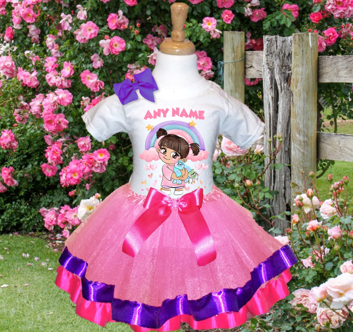 Monsters Inc Boo Tutu Set Girls Personalized Custom Pink Purple Hot Pink Ribbon Trim Tutu Outfit Dress Theme Cake Smash Party