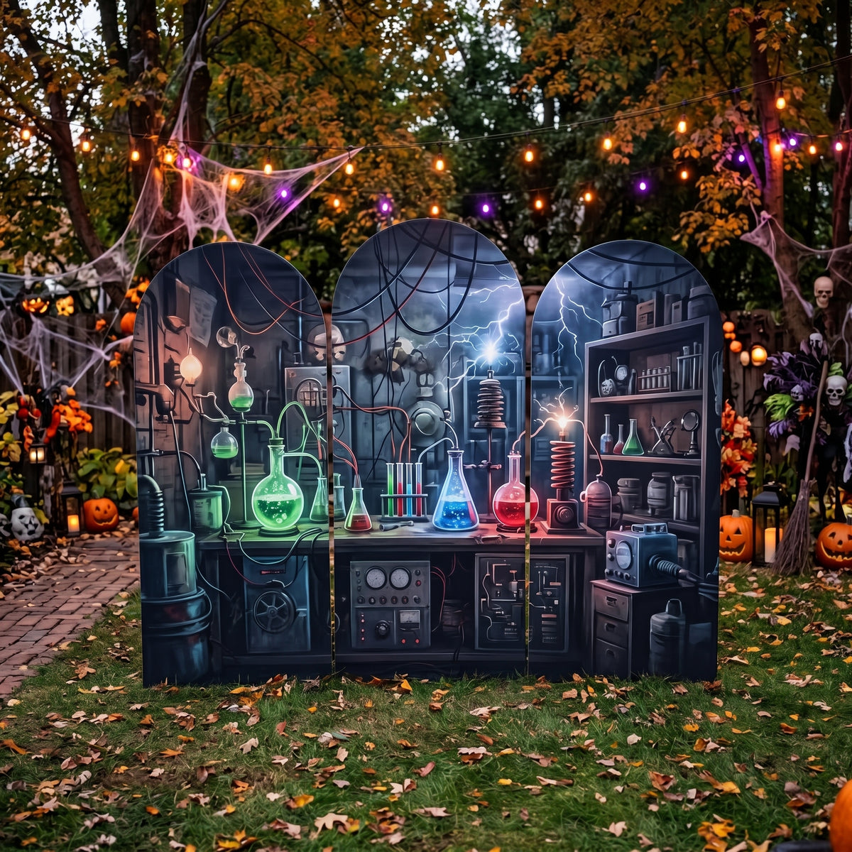 7.2ft Mad Scientist Laboratory Theme Halloween Arch Fabric Backdrop Cover - Multi-Panel Event Backdrop Decor Prop