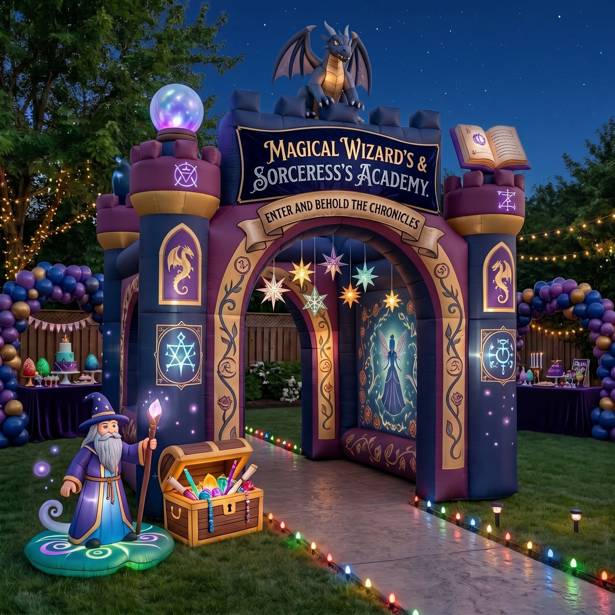 Magical Wizard Sorceress Theme Premium 10' x 10' Birthday House Inflatable Blow Up Walk-Through Archway Experience Decor Prop