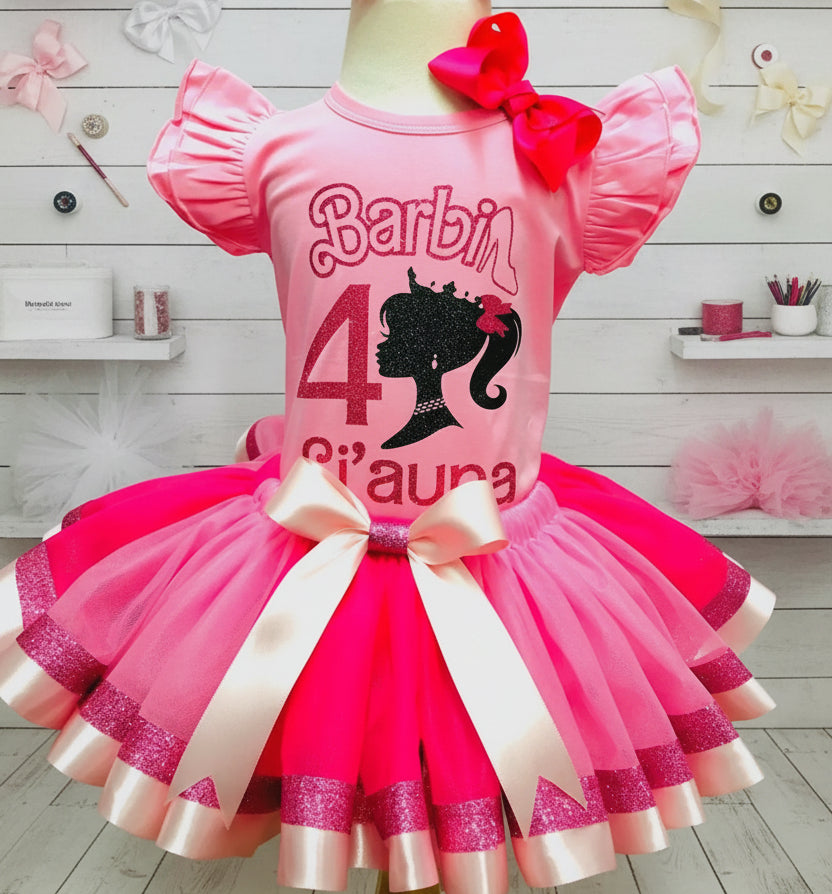 Barbie Silhouette Face Pink Tutu Set Girls Personalized Custom Pink Glitter Ribbon Sewn Trim Tutu Outfit Dress Theme Cake Smash Birthday Party