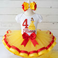 Princess Belle Tutu Set Girls Personalized Custom Yellow Red Ribbon Sewn Trim Tutu Outfit Dress Theme Cake Smash Birthday Party