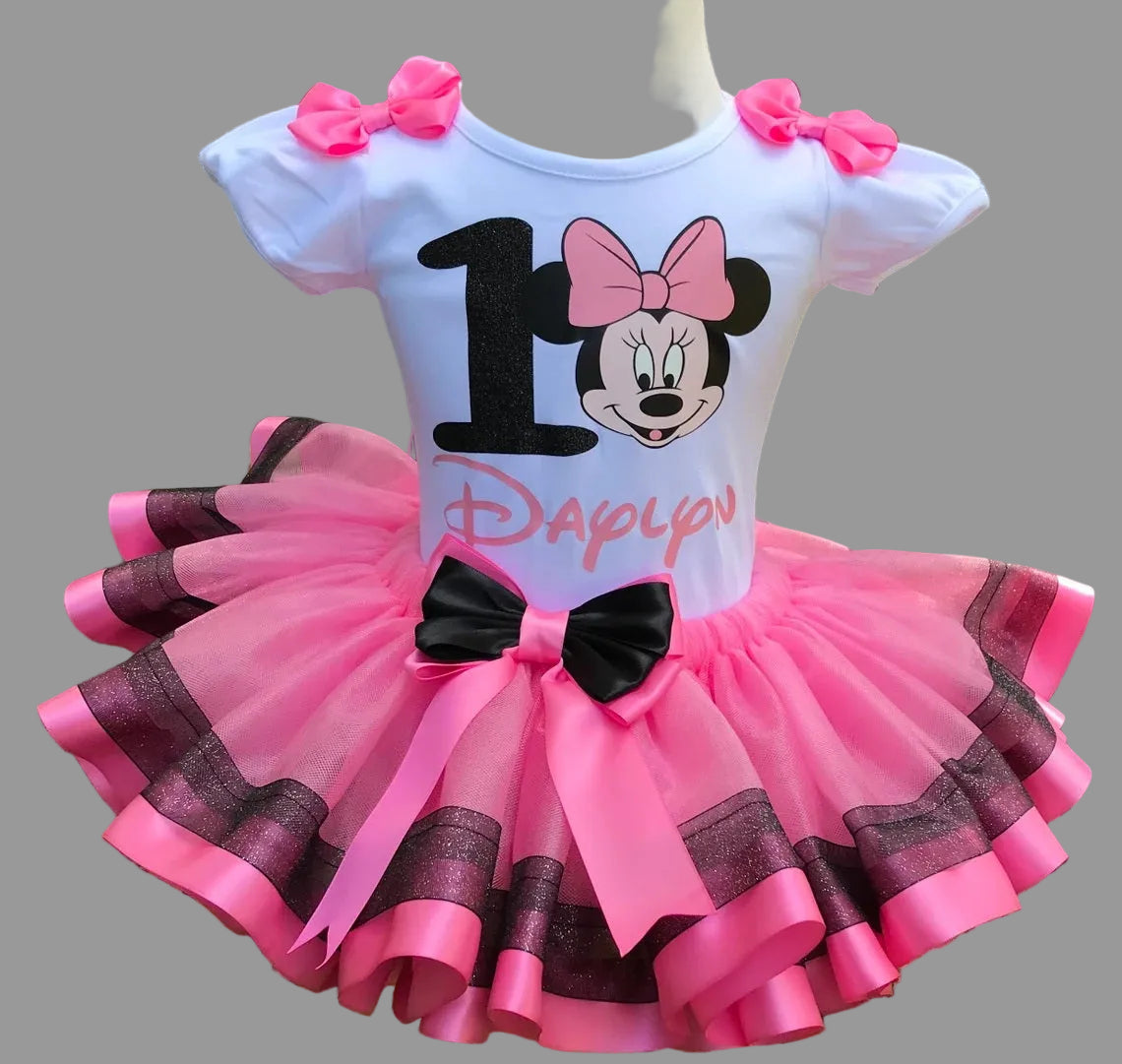 Minnie Mouse Head Pink Bow Tutu Set Girls Personalized Custom Pink Black Ribbon Sewn Trim Tutu Outfit Dress Theme Cake Smash Birthday Party