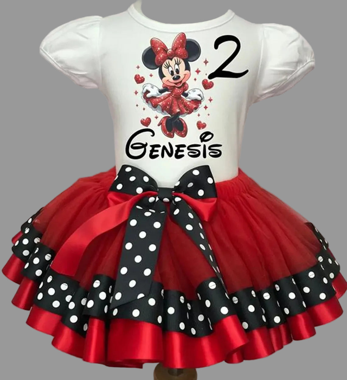 Minnie Mouse Red Dress Tutu Set Girls Personalized Custom Red Black Polka Dots Ribbon Sewn Trim Tutu Outfit Dress Theme Cake Smash Birthday Party