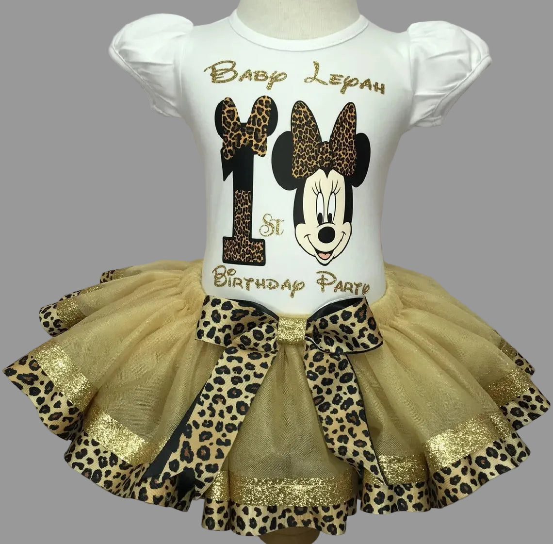 Minnie Mouse Head Safari Tutu Set Girls Personalized Custom Gold Cheetah Print Ribbon Sewn Trim Tutu Outfit Dress Theme Cake Smash Birthday Party