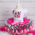 Minnie Mouse Flowers Tutu Set Girls Personalized Custom Silver Pink Polka Dot Ribbon Sewn Trim Tutu Outfit Dress Theme Cake Smash Birthday Party