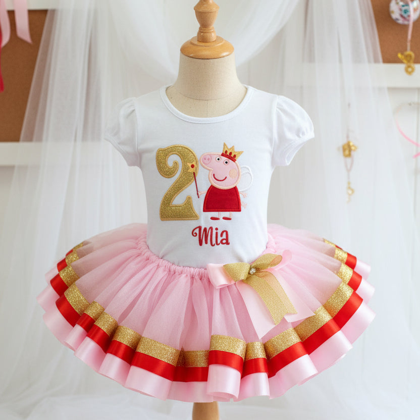 Peppa Pig Red Tutu Set Girls Personalized Custom Red Pink Gold Ribbon Sewn Trim Tutu Outfit Dress Theme Cake Smash Birthday
