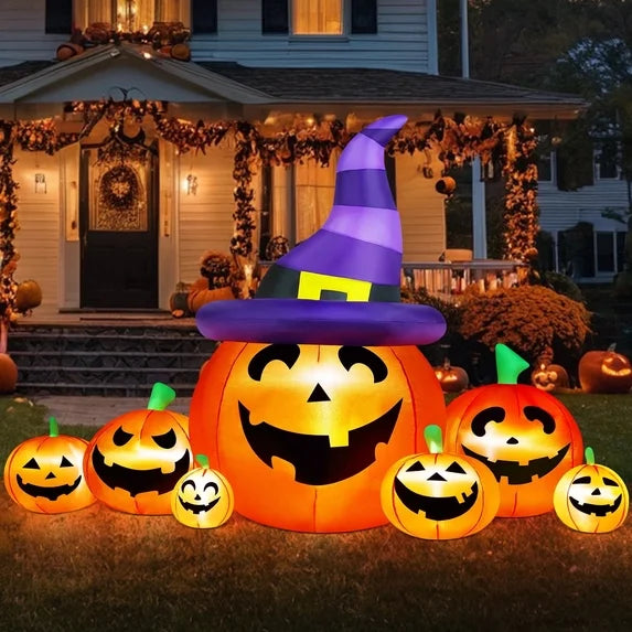 7' Smiling Pumpkins Witch Hat Yard Halloween Inflatable Blow Up Decor Prop