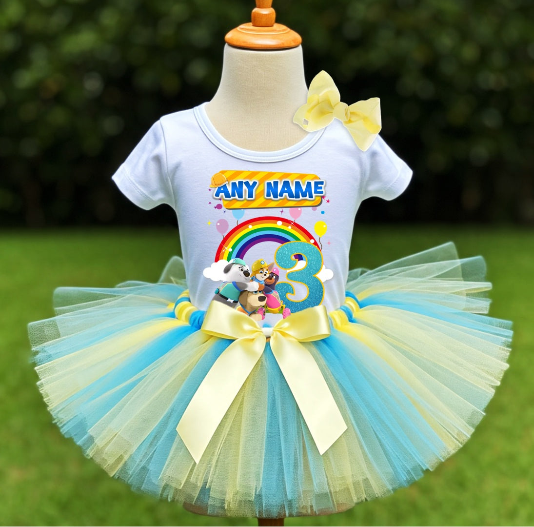 Pupstruction Tutu Set Girls Personalized Custom Blue Yellow Tutu Outfit Dress Theme Cake Smash Birthday Party
