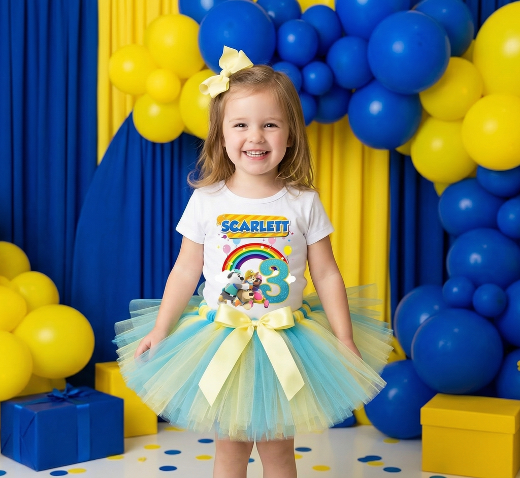 Pupstruction Tutu Set Girls Personalized Custom Blue Yellow Tutu Outfit Dress Theme Cake Smash Birthday Party