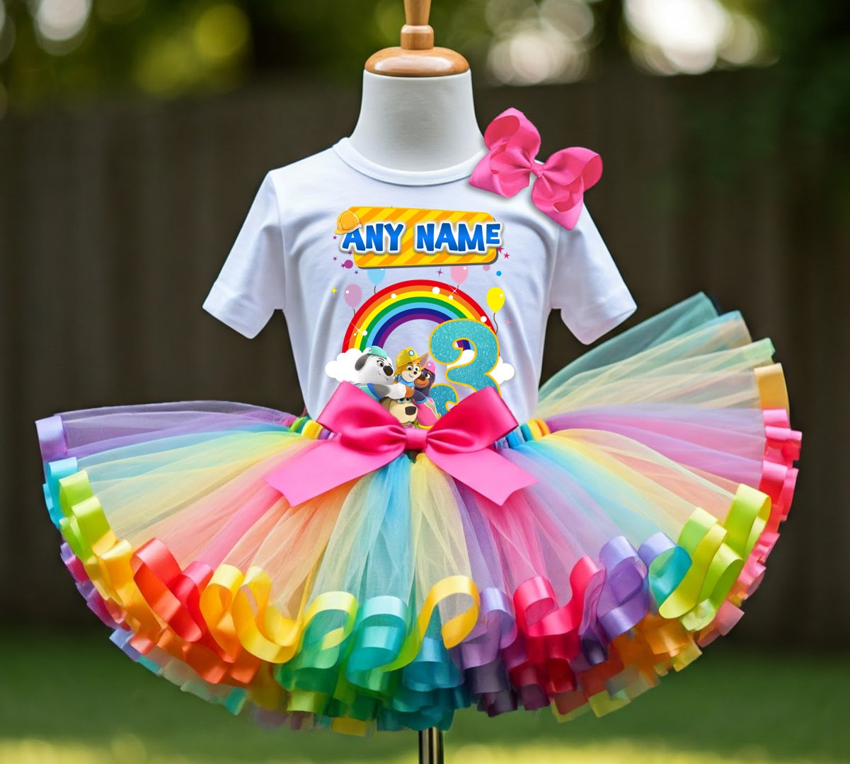 Pupstruction Tutu Set Girls Personalized Custom Rainbow Ribbon Sewn Trim Tutu Outfit Dress Theme Cake Smash Birthday Party
