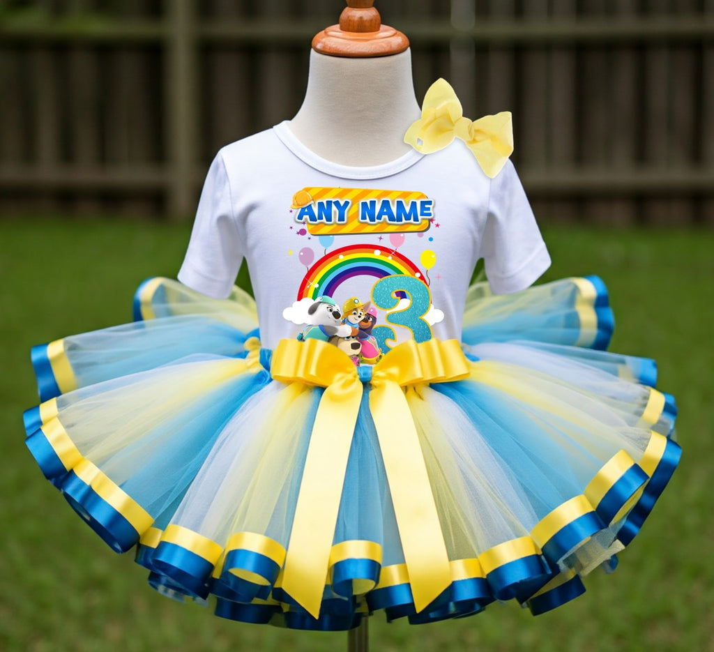 Pupstruction Tutu Set Girls Personalized Custom Yellow Blue White Ribbon Sewn Trim Tutu Outfit Dress Theme Cake Smash Birthday Party