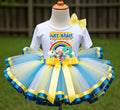Pupstruction Tutu Set Girls Personalized Custom Yellow Blue White Ribbon Sewn Trim Tutu Outfit Dress Theme Cake Smash Birthday Party
