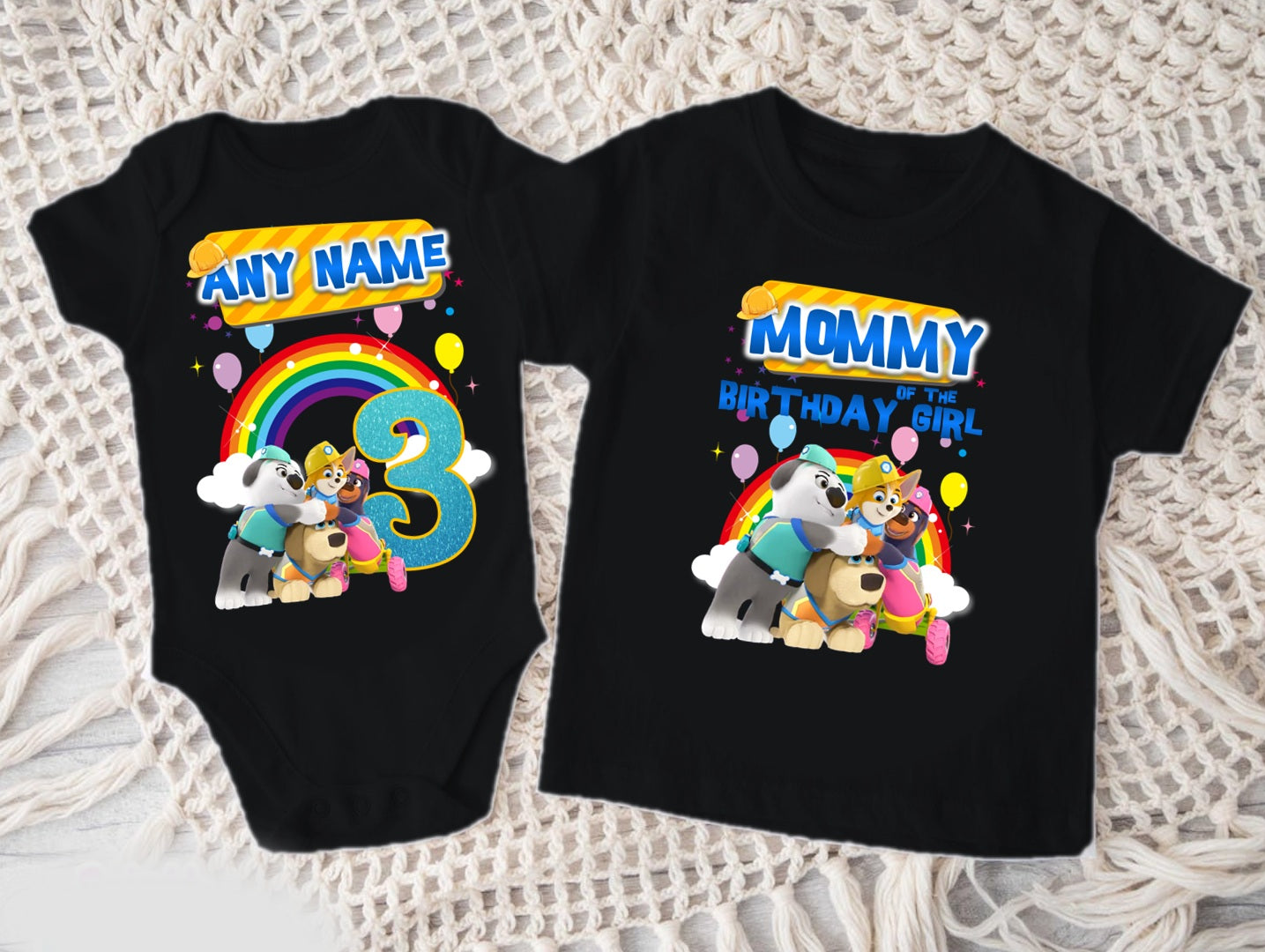 Pupstruction Personalized Custom Black Family T-Shirt or Onesie Pack Theme Cake Smash Birthday Party