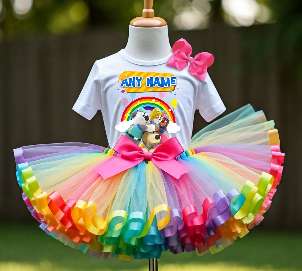 Pupstruction Tutu Set Girls Personalized Custom Rainbow Ribbon Sewn Trim Tutu Outfit Dress Theme Cake Smash Party