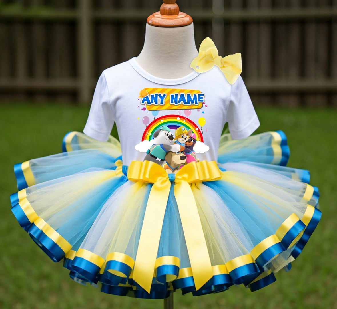 Pupstruction Tutu Set Girls Personalized Custom Yellow Blue White Ribbon Sewn Trim Tutu Outfit Dress Theme Cake Smash Party