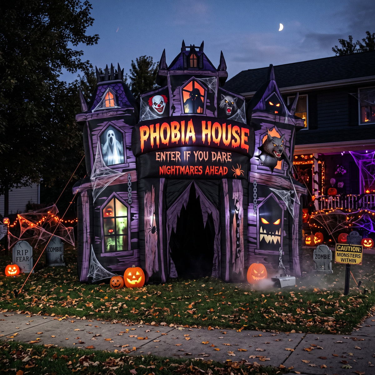 Massive 8-Foot-Tall Phobia House Colossal Multi-Tiered Halloween Yard Inflatable Scene Decor Prop